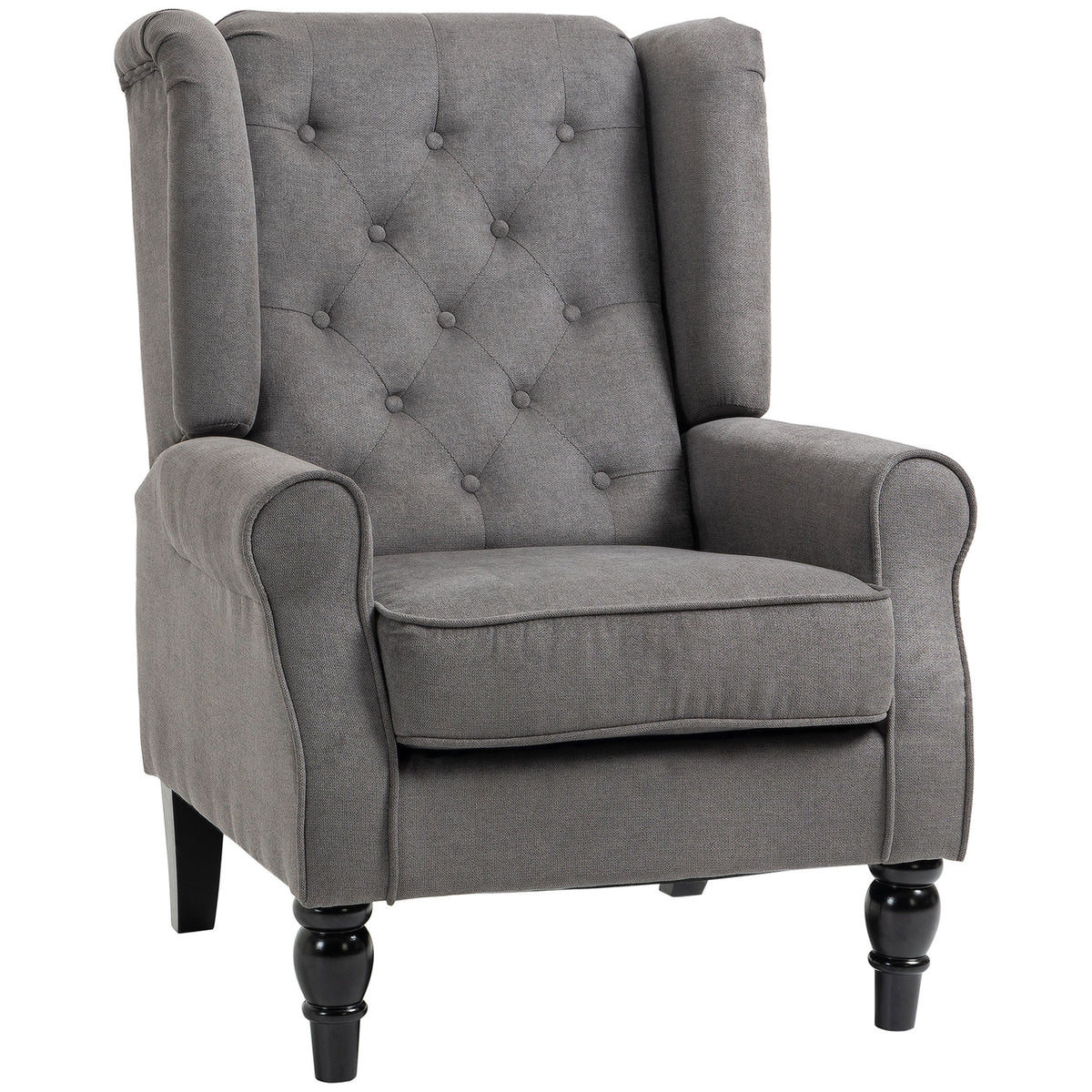 Oorfauteuil in vintage-design, leesfauteuil, accentstoel, houten poten, knoopstoffering, grijs + zwart