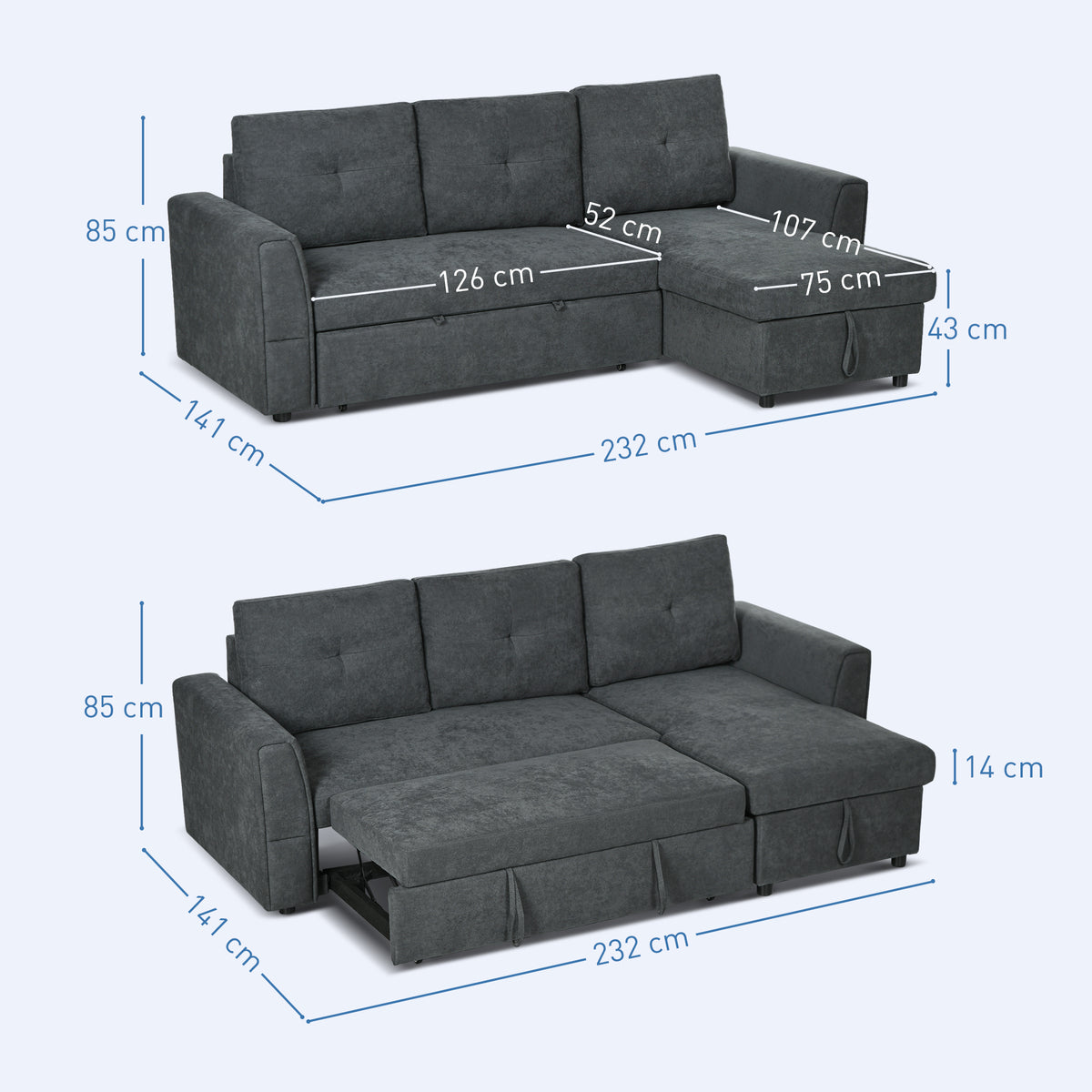 3-zitsbank met slaapfunctie, slaapbank met chaise longue, gestoffeerde bank, donkergrijs (3)