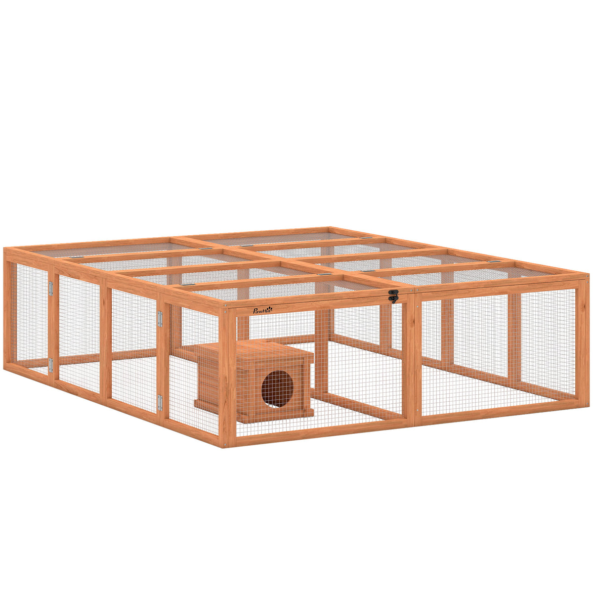 Konijnenren houten konijnenhok met 2 deuren schuilhuis voor 2-4 dwergkonijnen 180,4 x 150 x 48 cm oranje