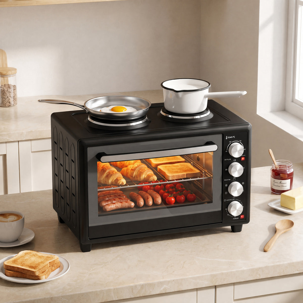 36L minioven met 2 kookplaten, elektrische tafeloven met heteluchtfunctie, 90–230 °C (2)