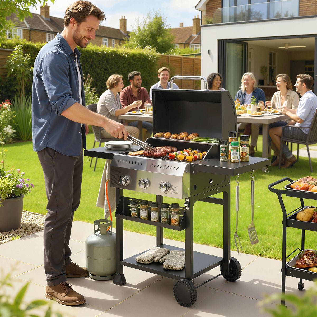 Gasbarbecue 9 kW 3 branders BBQ-grillwagen roestvrij staal incl. inklapbare zijtafel, kruidenhouder, onderplank (2)