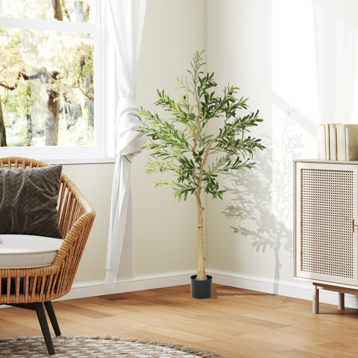 Kunstplant, kunst-olijfboom, 150 cm, 720 bladeren, 40 olijven, stevige bloempot, decoratieplant, groen (2)