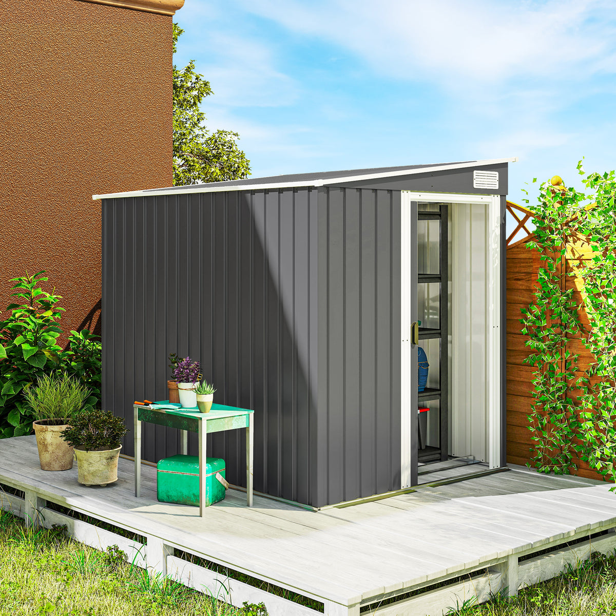Metalen tuinhuis 2,81 m² 154x206,5x181 cm gereedschapsschuur met lessenaarsdak fundering (2)