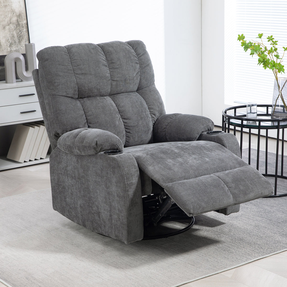 Relaxfauteuil met voetensteun, ligfauteuil, draaibaar, tot 150 kg, stalen frame, 88x96x108 cm, donkergrijs (2)