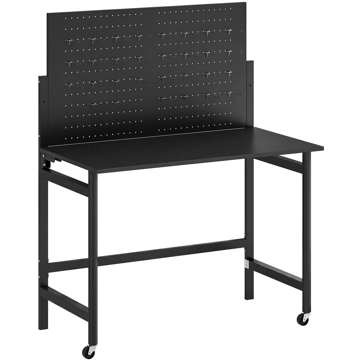 Werkbank met geperforeerde plaat, inklapbare verrijdbare werkbank met wielen, dik werkblad, stalen frame, haken