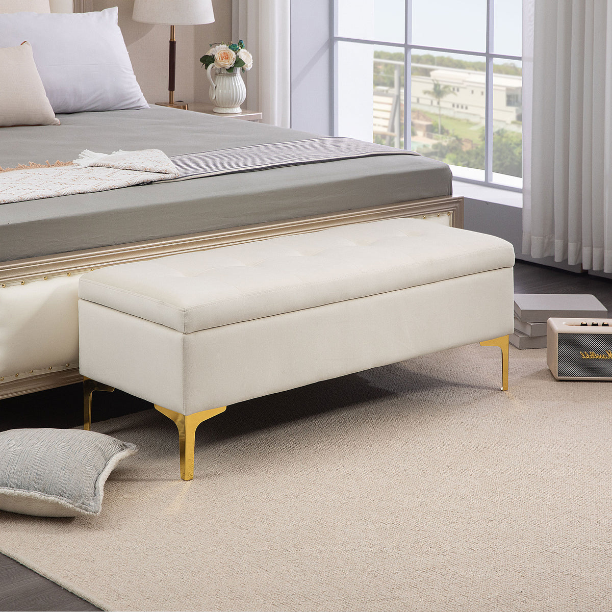 Opbergbank, belastbaar tot 120 kg, 120x44x44,5 cm, beige (2)