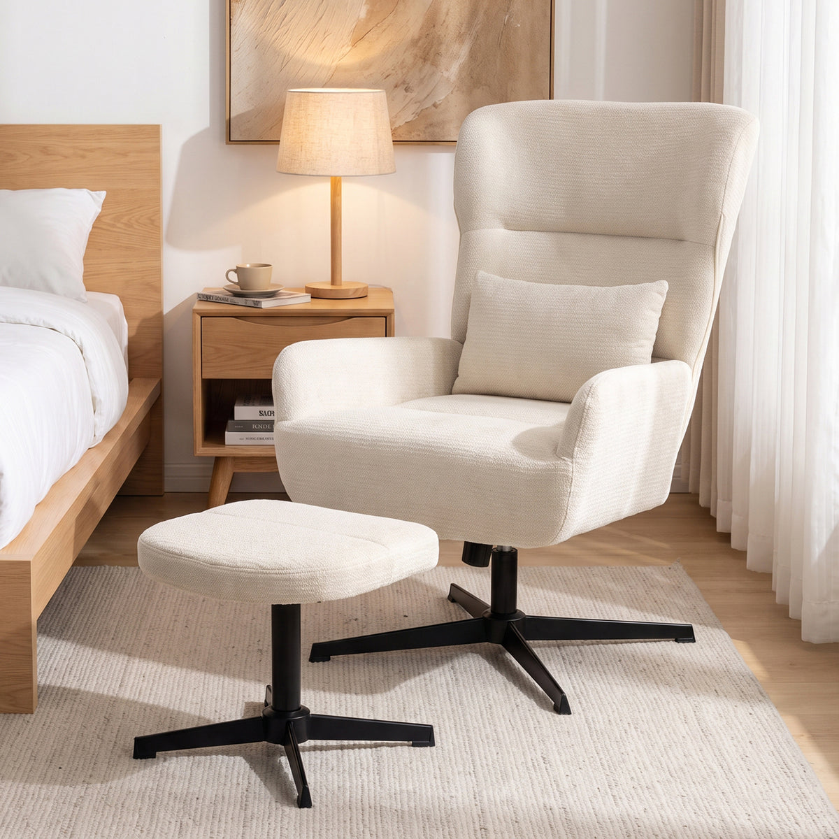 360° draaibare loungefauteuil met voetenbank, in hoogte verstelbaar, bekleding van chenille, met lendenkussen (2)
