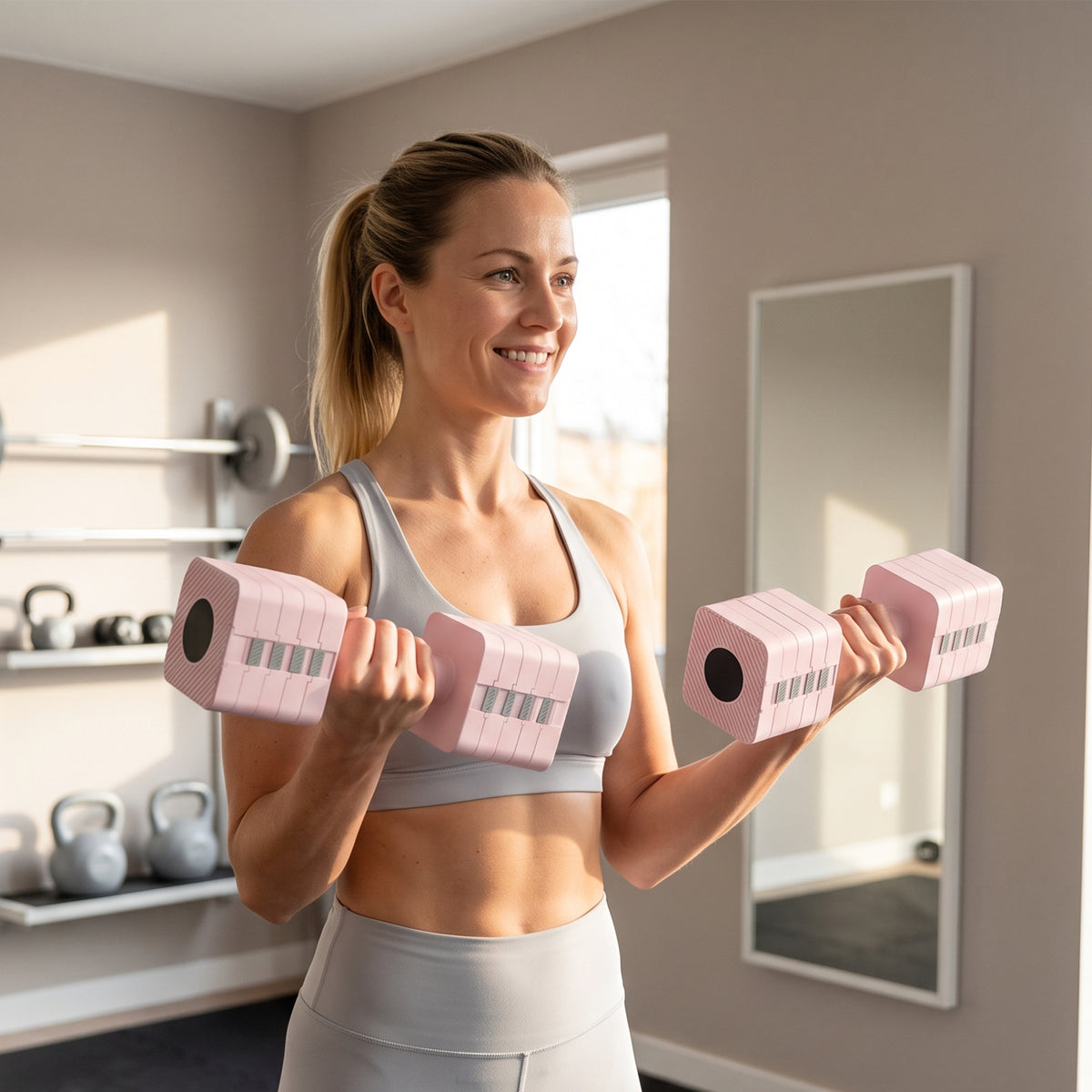 Verstelbare halter, 2 x 5kg dumbbells met antislipgreep, vierkante halterset van staal roze (2)