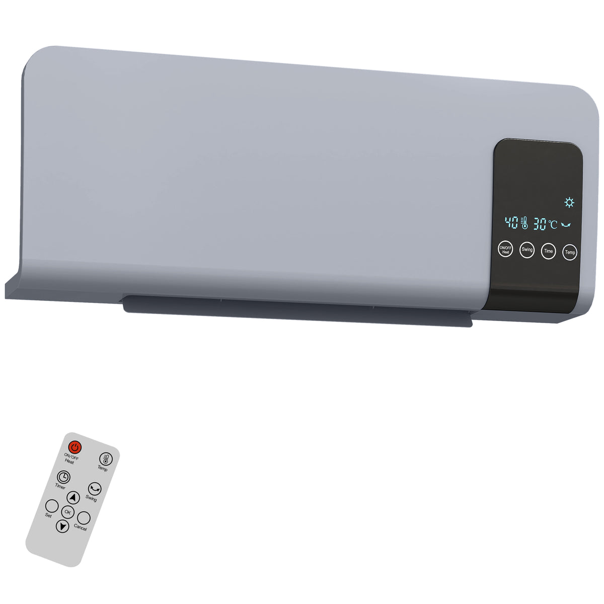 Elektrische verwarming, wandmontage, zwenkfunctie, 2 standen, timer, led-display, grijs