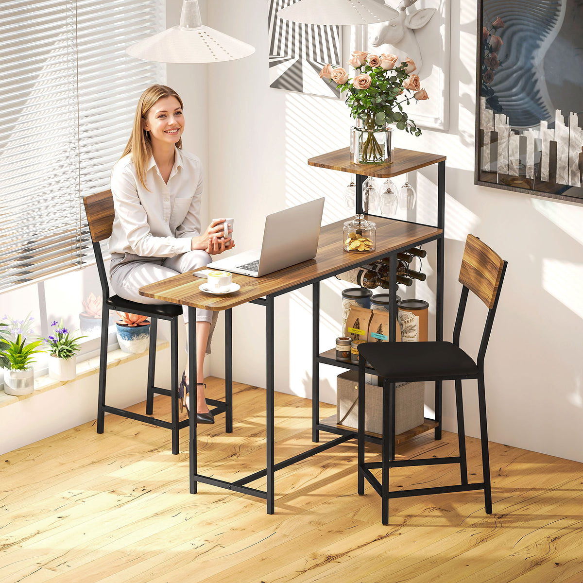 3-delige bartafelset, 1 bartafel, 2 stoelen, met wijnrek, glashouder, open schappen, voetsteunen, bruin (2)