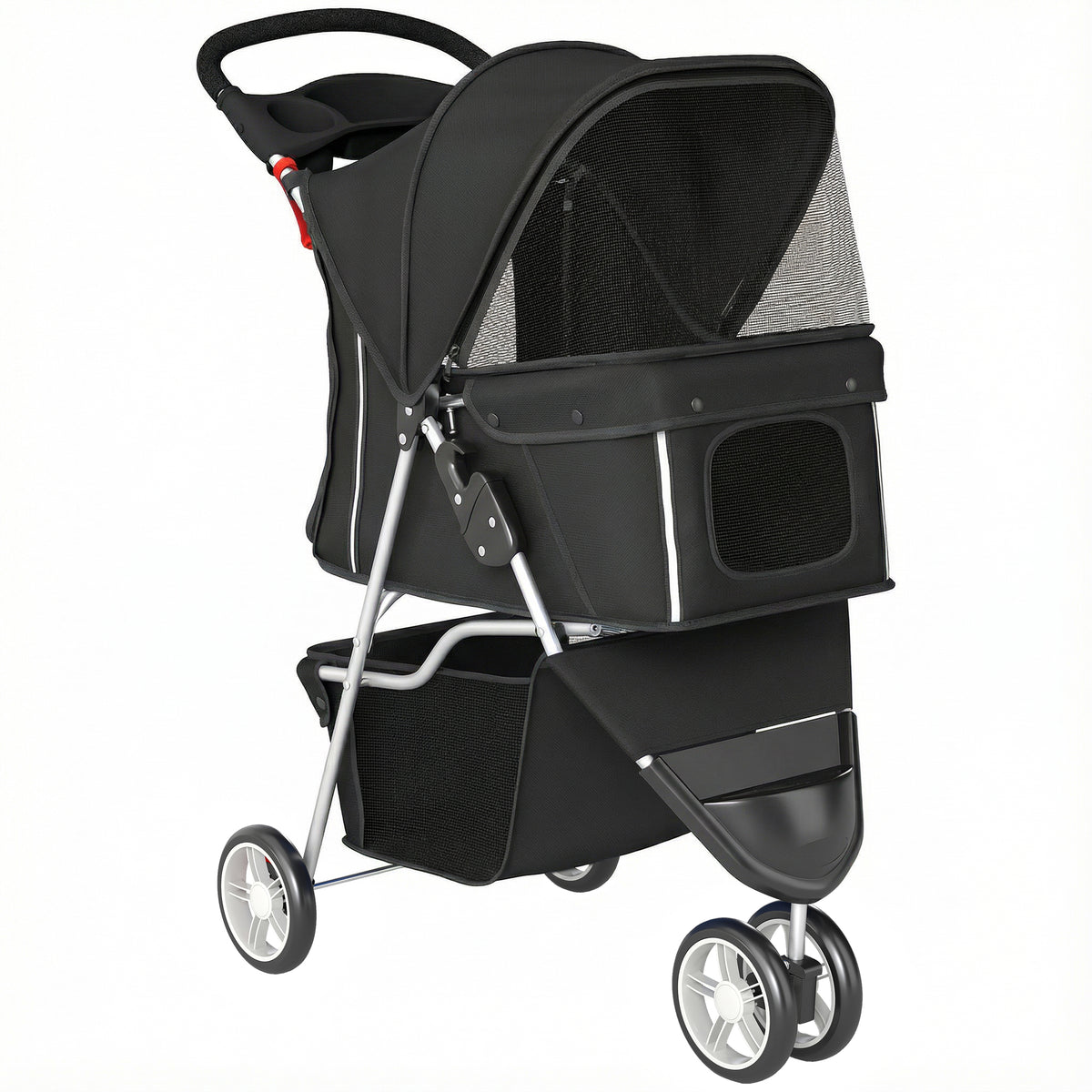 Opvouwbare hondenbuggy met opbergmand, kussen, netvenster en bekerhouder voor kleine honden tot 10 kg, zwart
