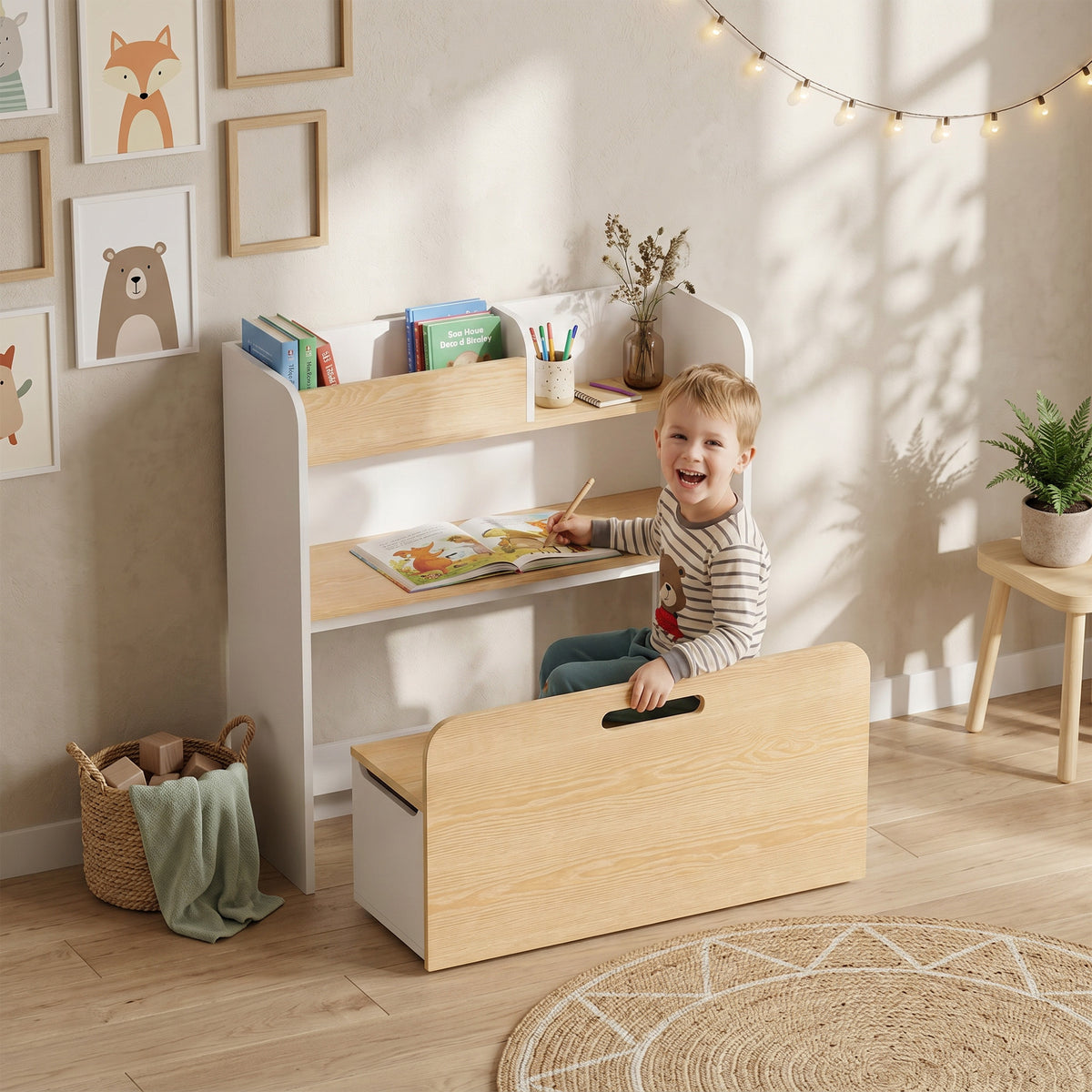 Kindertafel met bankje, 5-in-1 kindermeubelset met boekenplank, verrijdbare speelgoedbank met opbergbox voor 3-8 (2)