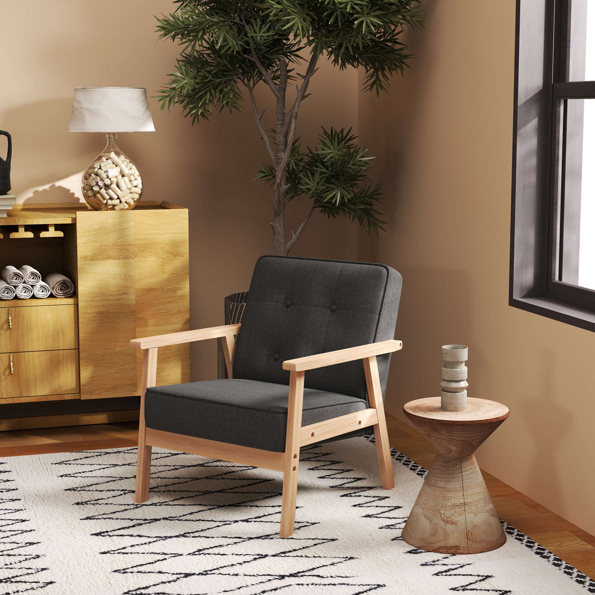 Eenpersoonsbank loungestoel gestoffeerde stoel met armleuningen houten frame linnen grijs 64,5 x 70 x 74 cm (2)