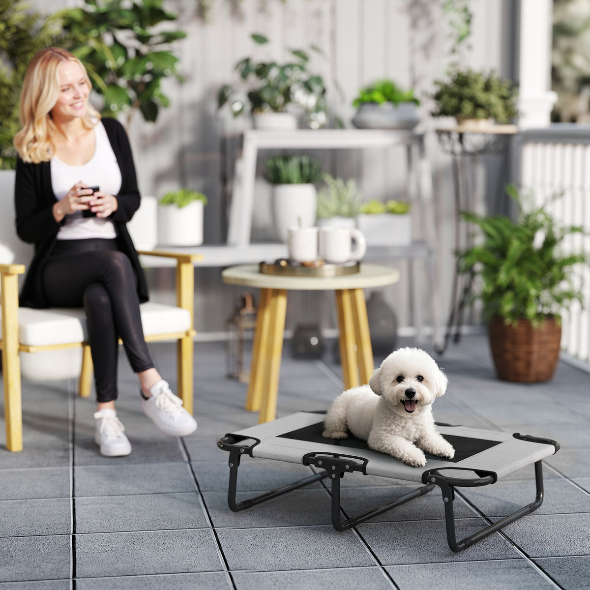 Verhoogd opvouwbaar hondenbed, huisdierbed, outdoor hondenligbed met mesh-ontwerp, lichtgrijs, Oxford, 75 x 51 x (2)
