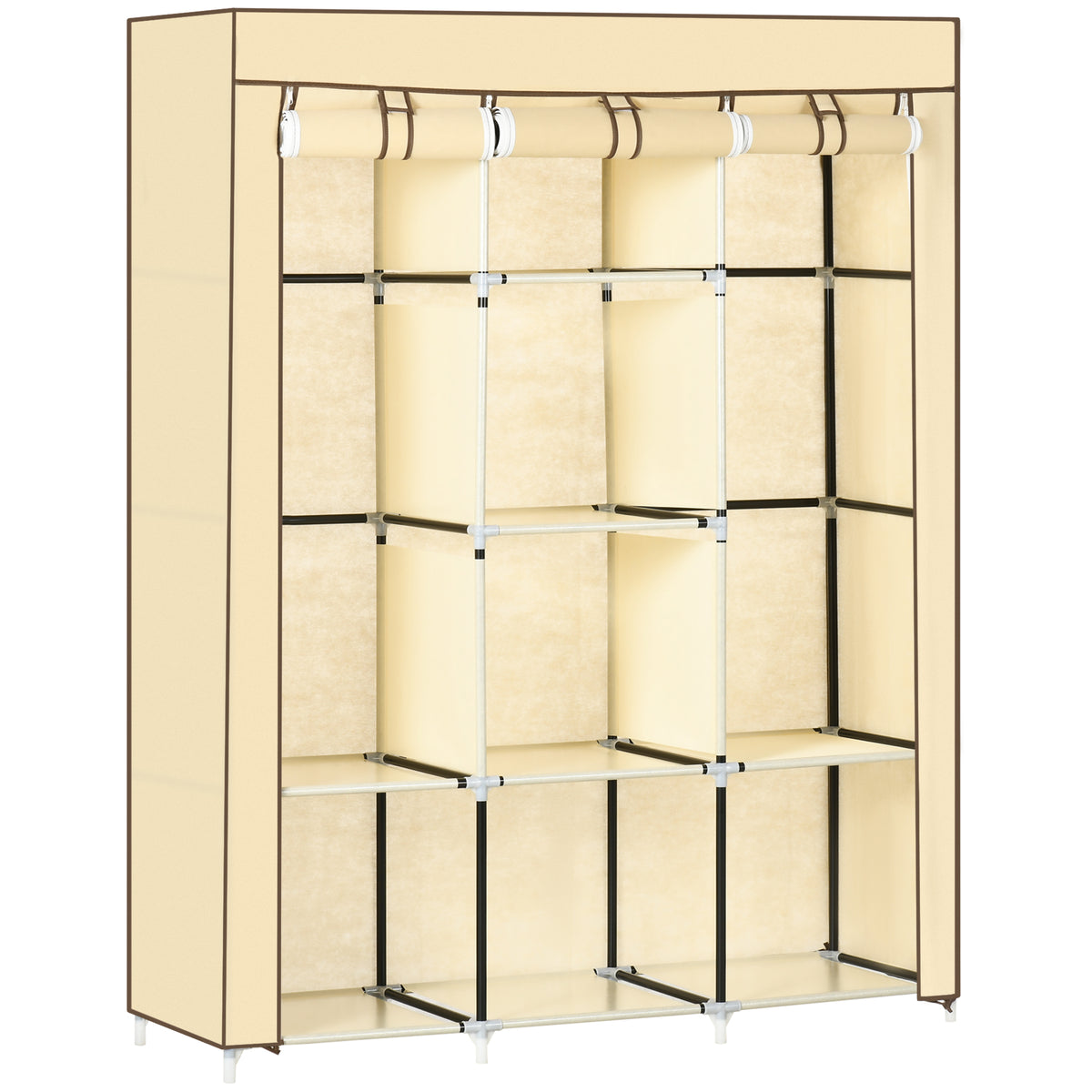 Stoffen kledingkast, opbergoplossing, 8 planken, 2 kledingroedes, beige