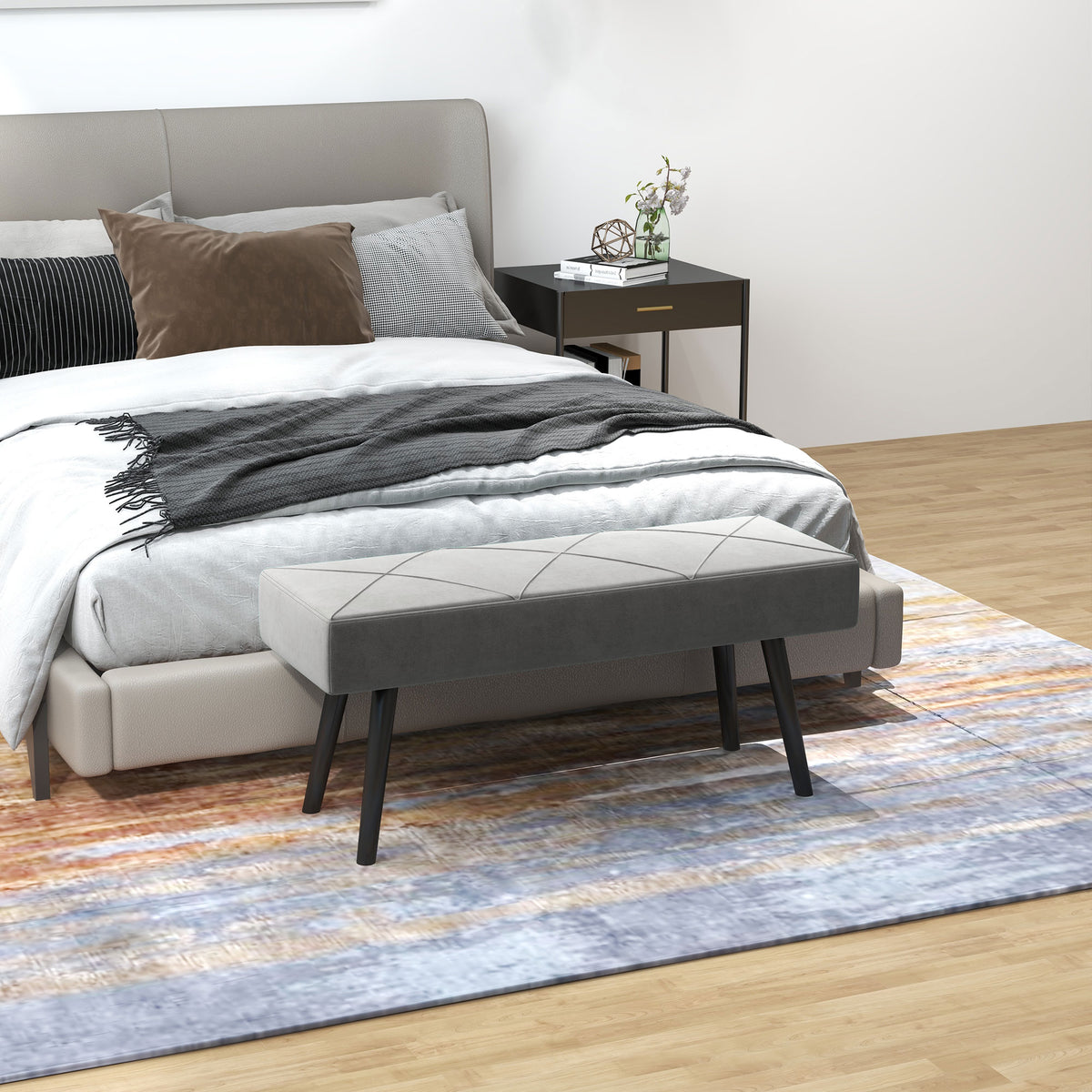 Bank, gestoffeerde bank, bedbank, fluweeloptiek, 100 x 36 x 45 cm, grijs (2)