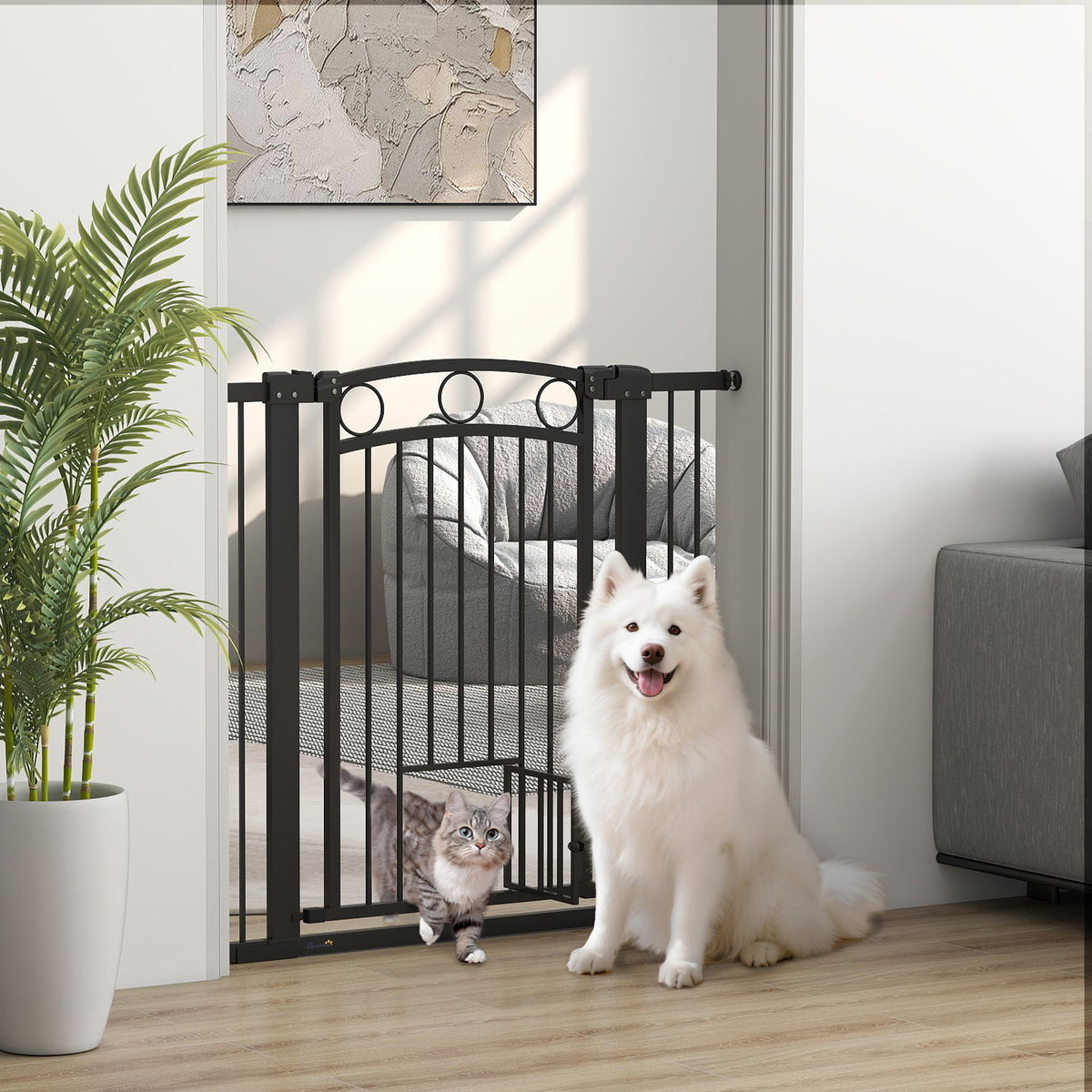 Huisdierhek, 96 cm traphek, verstelbare breedte 76-104 cm, met kattendeur, voor trappen en deuropeningen, zwart (2)