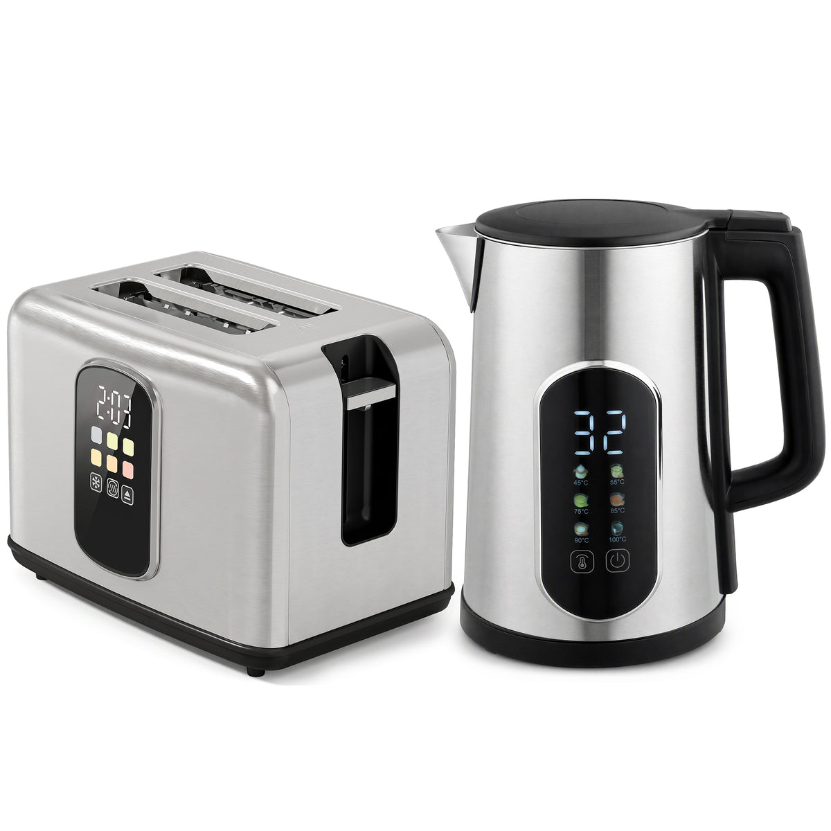 1,5 l waterkoker, 2200 W, met led-touchscreen, broodrooster voor 2 sneden met 6 bruiningsstanden, zilver