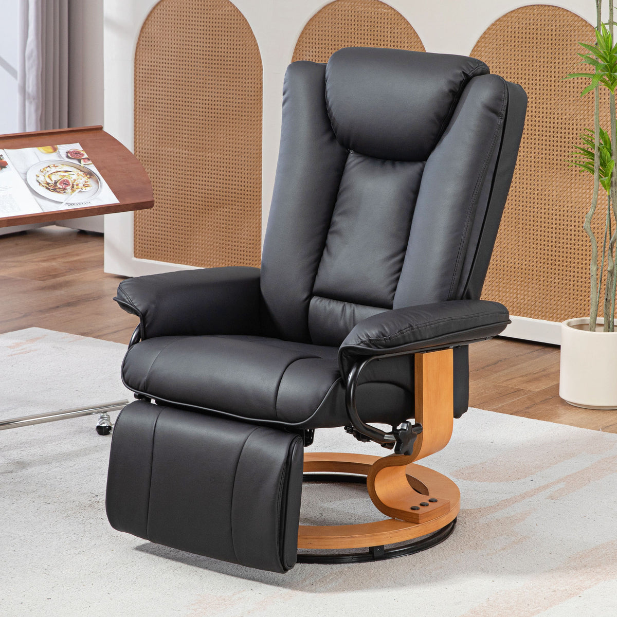 Relaxfauteuil met ligfunctie, draaibaar, tot 150 kg, kunstlederen bekleding, stalen frame, zwart (2)