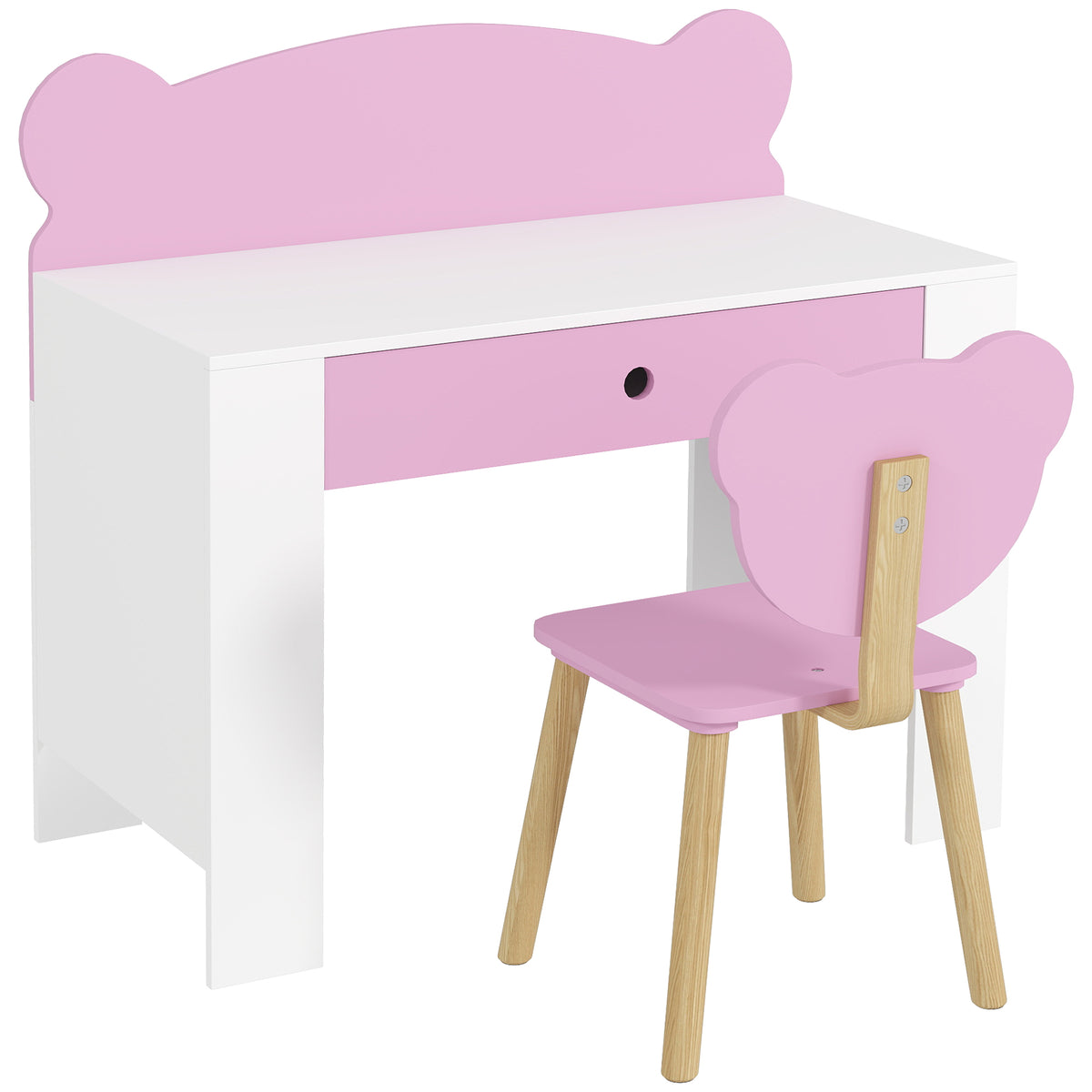 Bureau-set voor kinderen, werktafel en stoel in berenvorm, lade, om te schrijven en te knutselen, 3-8 jaar, roze