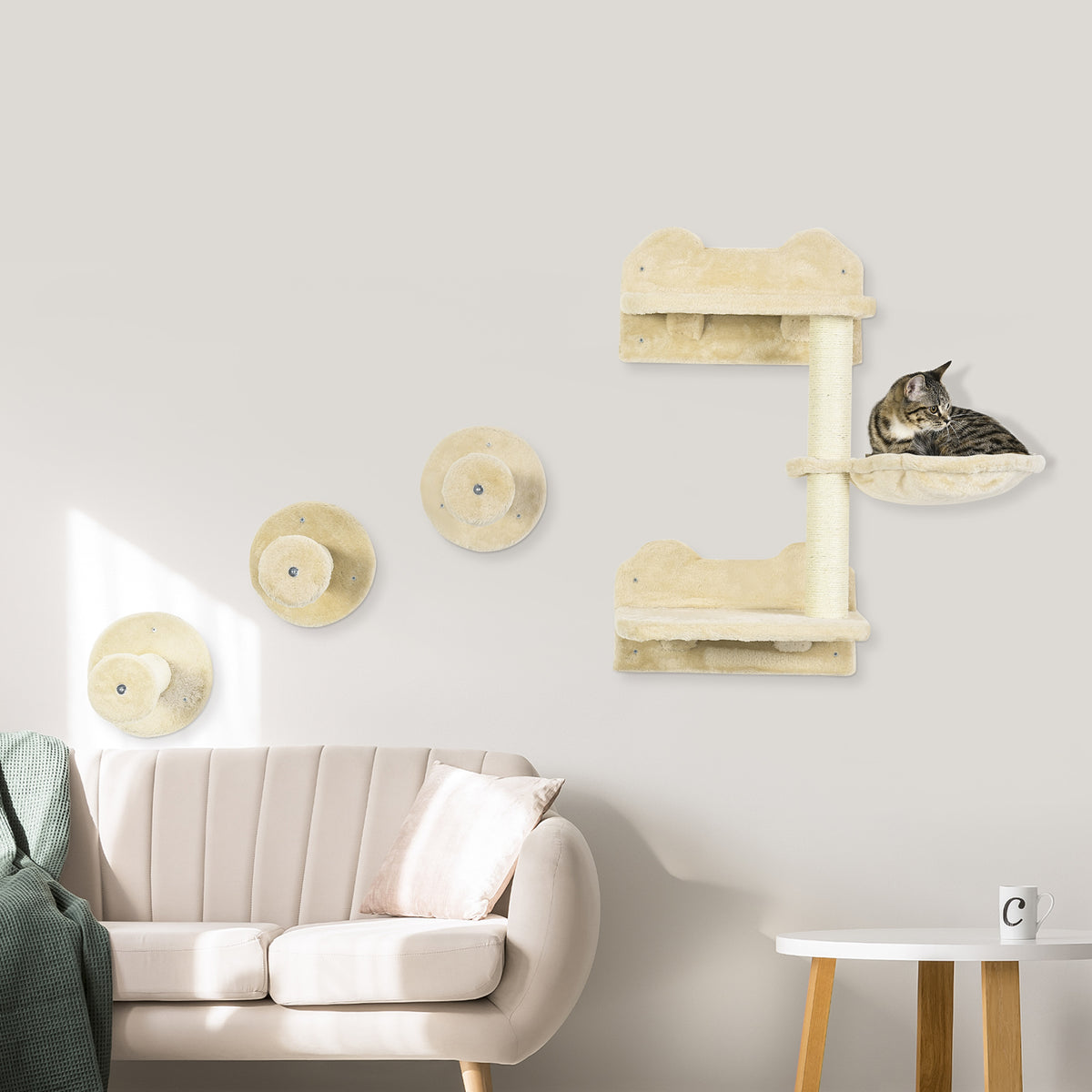 Klimtreden, klimwand, kattentrap, 4-delige set, met krabpaal, hangmat, beige+crèmewit, 40 x 28 x 73 cm (2)