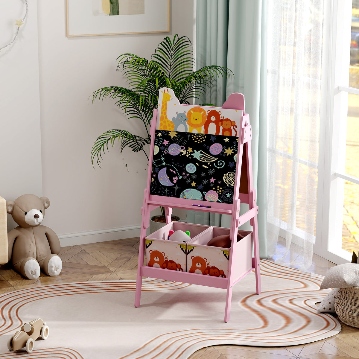 2-in-1 kinderschildersezel met whiteboard, krijtbord, opbergdozen, voor kinderen van 3-8 jaar, roze (2)