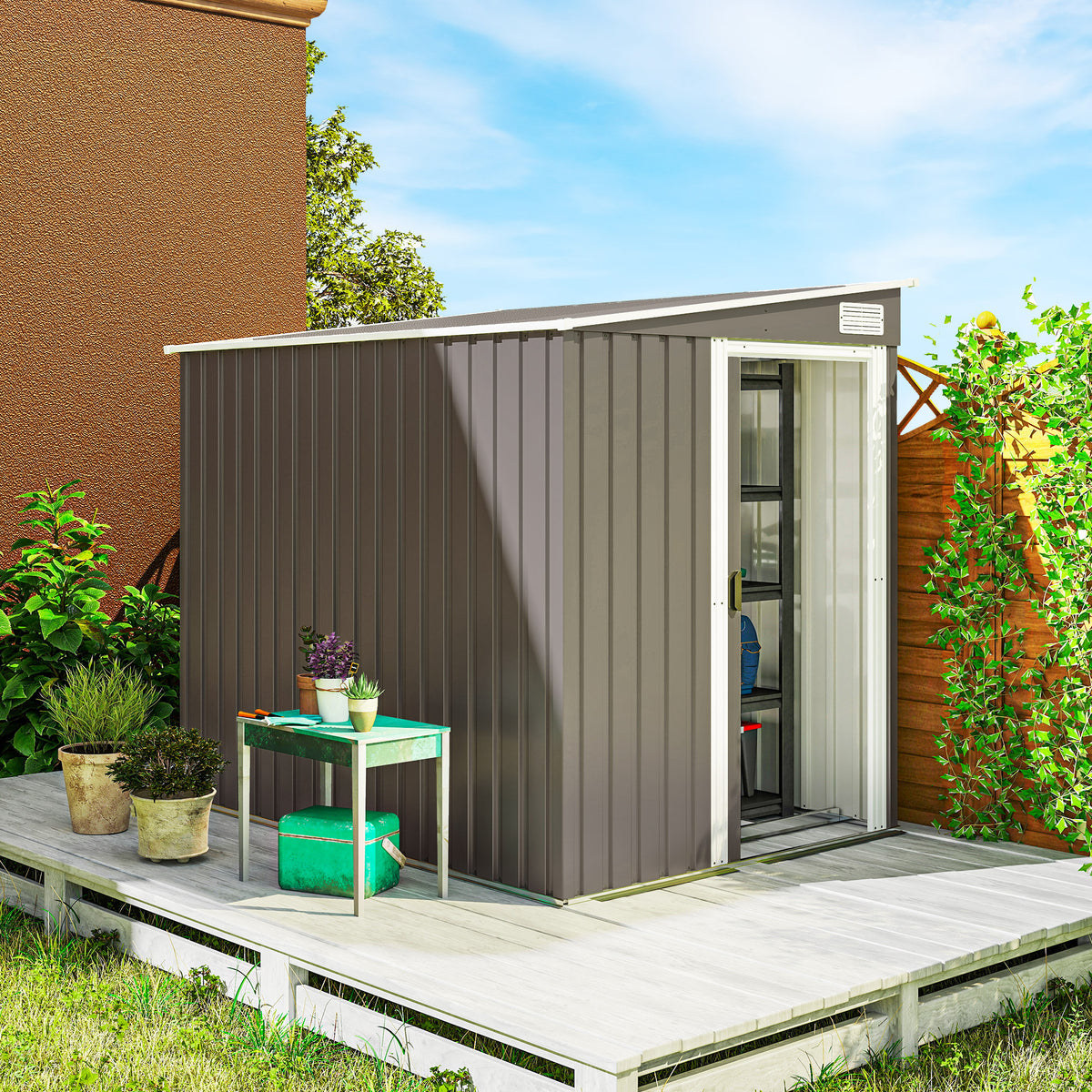 Metalen tuinhuis 2,81 m² 154x206,5x181 cm gereedschapsschuur met lessenaarsdak en fundering (2)