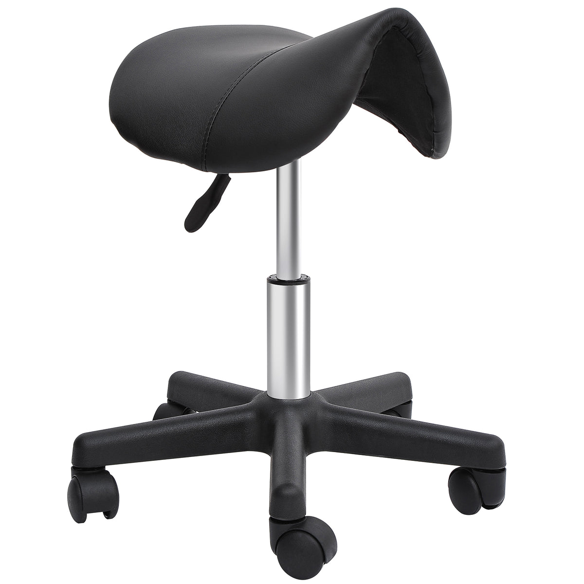 Zadelkruk op wielen, zadelvormige zitting, in hoogte verstelbaar, 360° draaibaar, kunstleer, zwart, 35 x 38 x