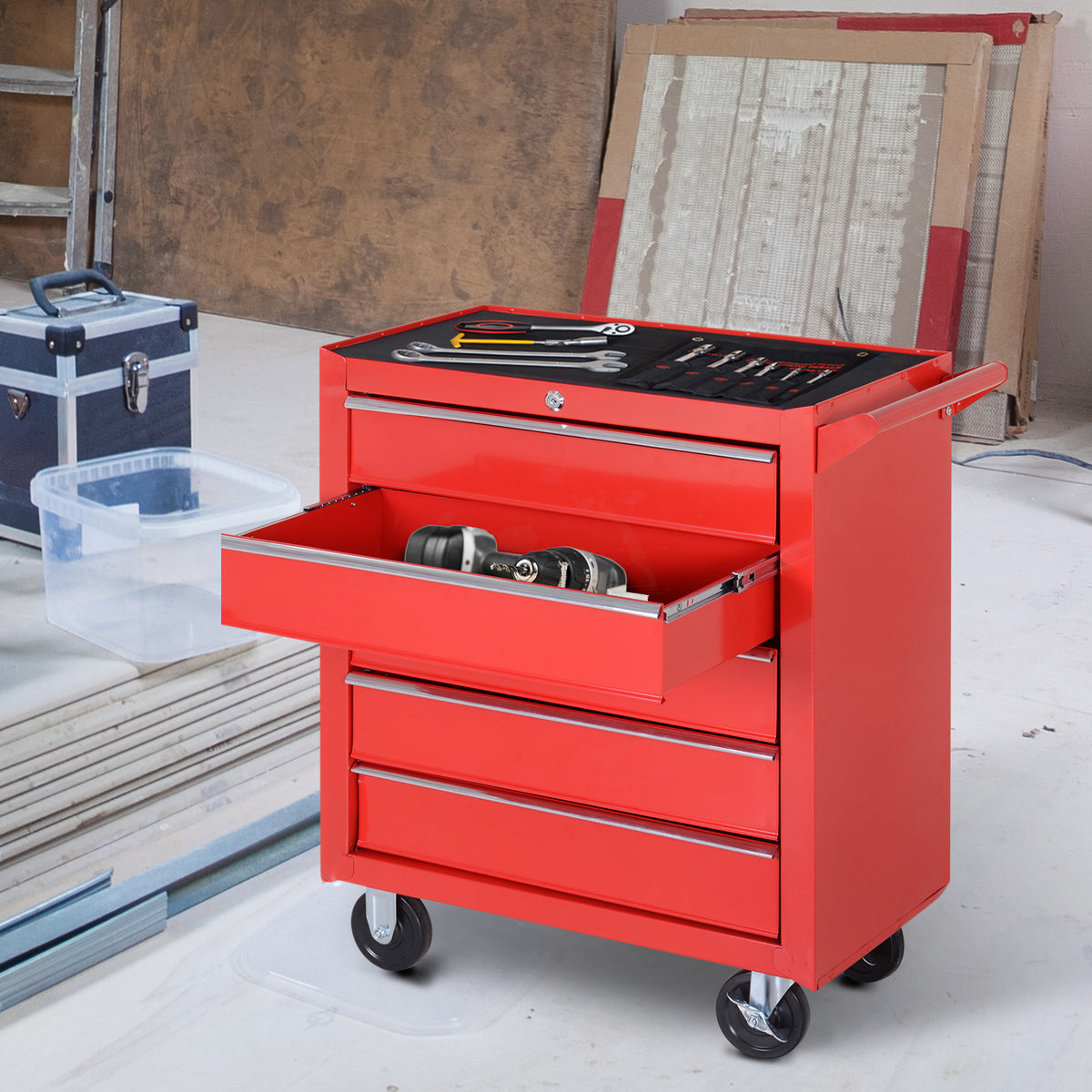Rolkast, gereedschapskast voor garage, schuur, staal, 69L x 33B x 75H cm, rood (2)