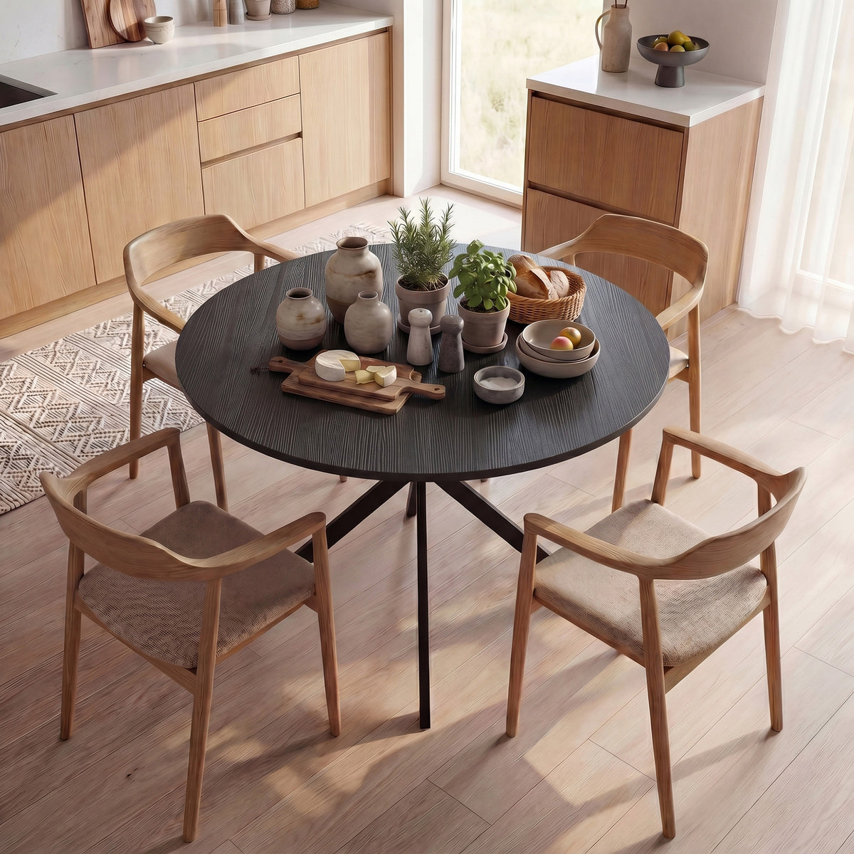 Ronde eettafel voor 4 personen, keukentafel in industriële stijl met stalen poten, voor eetkamer, keuken, zwart (2)