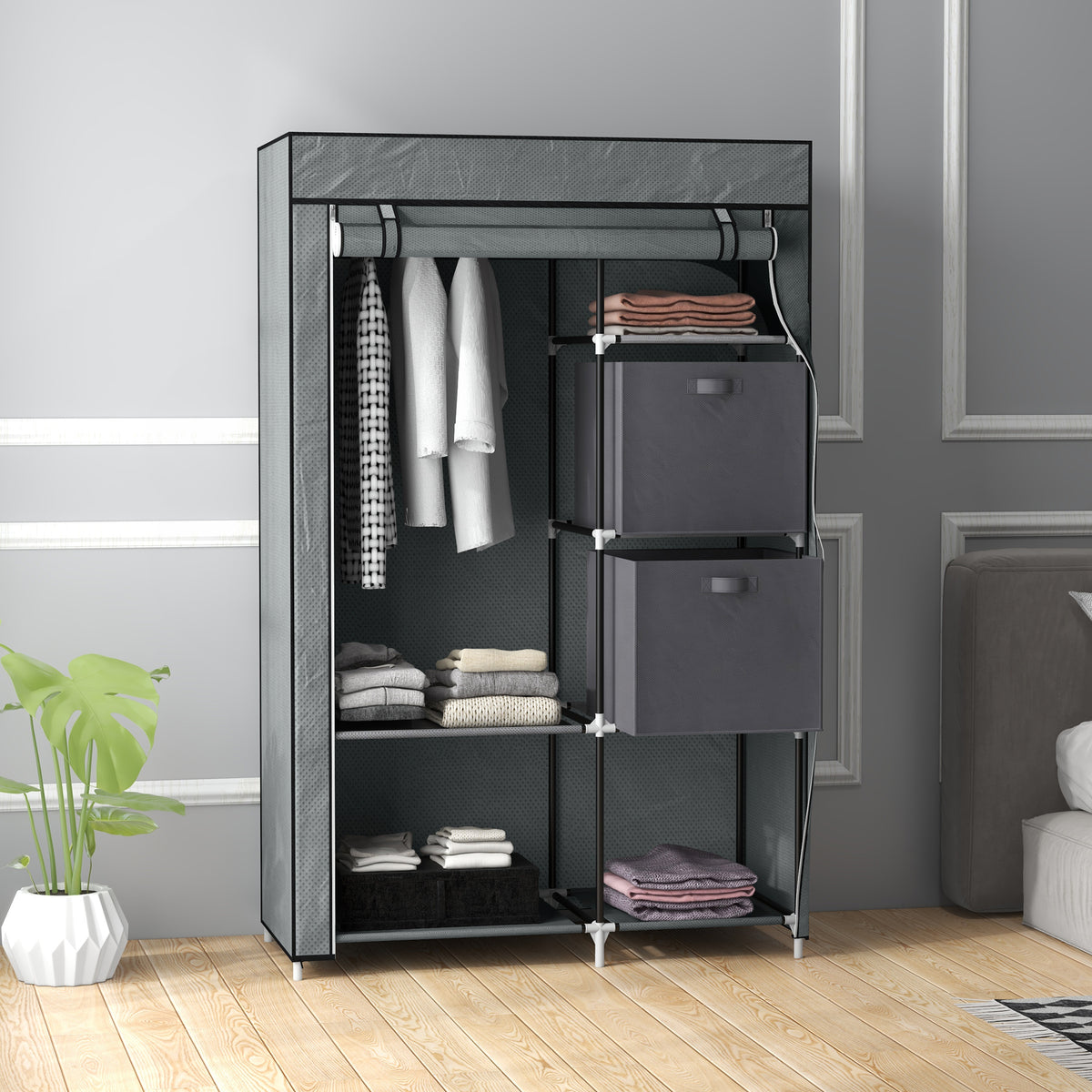 Stoffen kledingkast opvouwbare kast, 1 kledingroede, 6 legplanken, 102 x 42,5 x 162,5 cm, grijs (2)