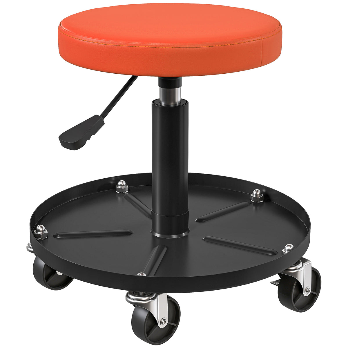 Werkplaatskruk met wielen, opbergvak, in hoogte verstelbaar 38-50 cm, belastbaar tot 135 kg, oranje