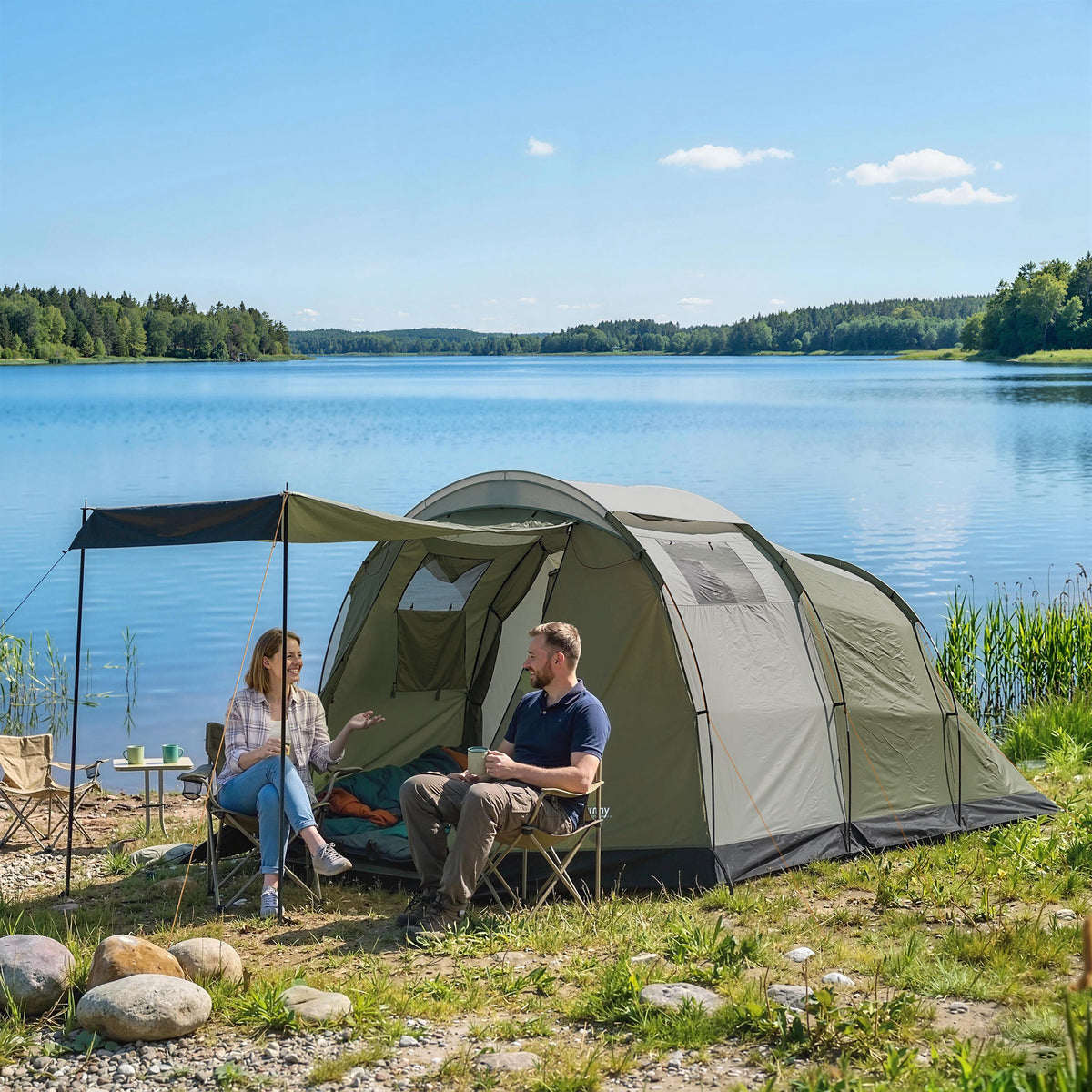 Campingtent voor 3-4 personen stabiel 3000mm waterdicht familietent met slaapcabine voortent woongedeelte groen (2)