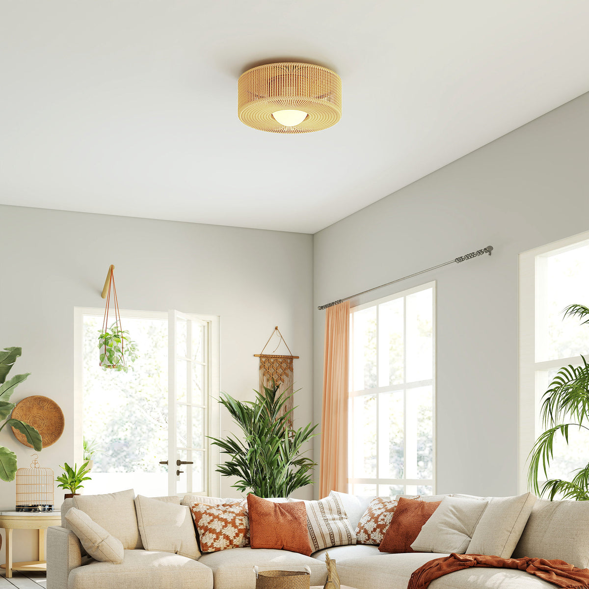 Plafondlamp, Boho-plafondlamp hangend met G9 LED-fitting, lampenkap van henneptouw rond (2)