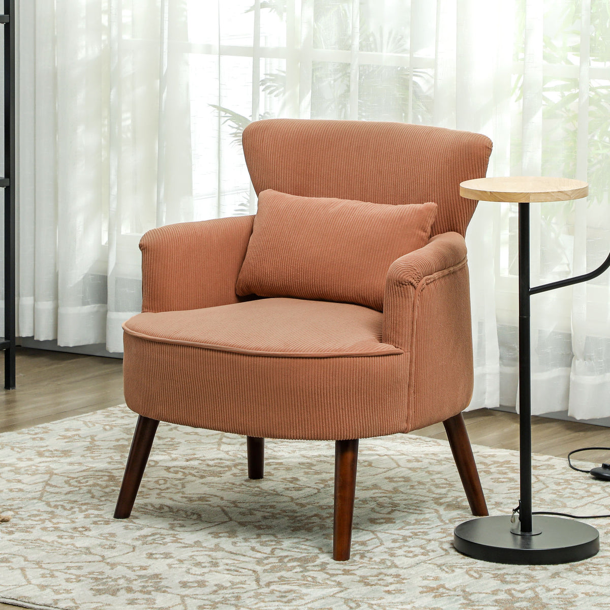 Moderne fauteuil, gestoffeerde accentstoel met lendenkussen, poten van rubberhout, oranje (10)