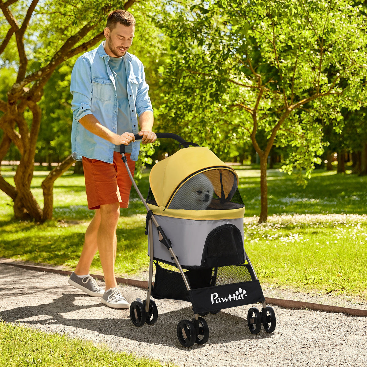 2-in-1 hondenbuggy hondentrolley tot 10 kg inklapbaar draagtas mand onderop 82 cm x 49,5 cm x 98 cm geel (2)