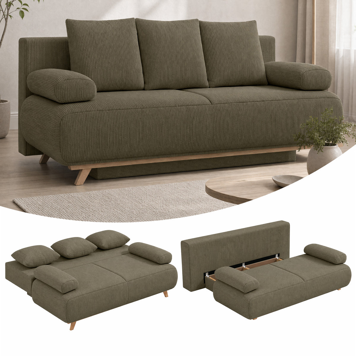 Slaapbank met verstelbare rugleuning, bedfunctie, verborgen opbergruimte en ribstof bekleding, donkergroen (2)