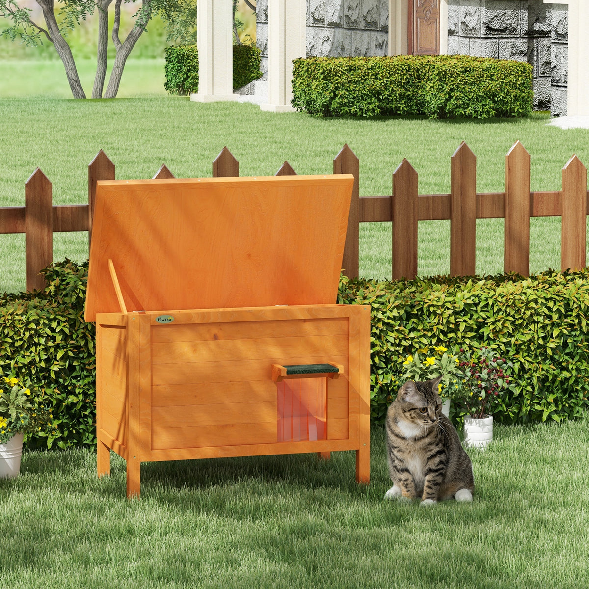 Kattenhuis buitenkattenhuis kattenhut, weerbestendig, 1 raam, 1 ingang, 85 x 50 x 68,5 cm, oranje+groen (2)