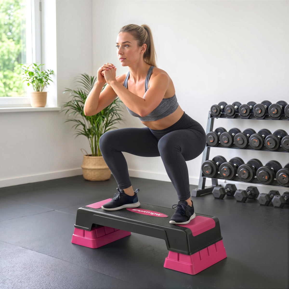 Stepbord in hoogte verstelbaar fitness aerobics stepper met 3 niveaus (12/17,5/22,5 cm), antislipmat zwart+roze (2)