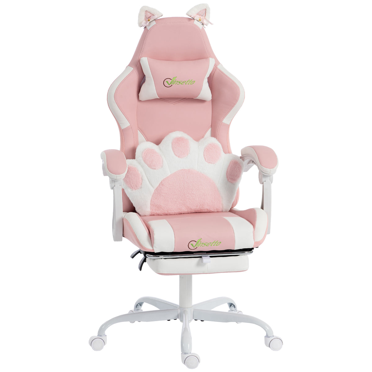 Ergonomische gamingstoel, gamerstoel met kattenoren van kunstleer met lendensteun, voetensteun, hoofdsteun, roze