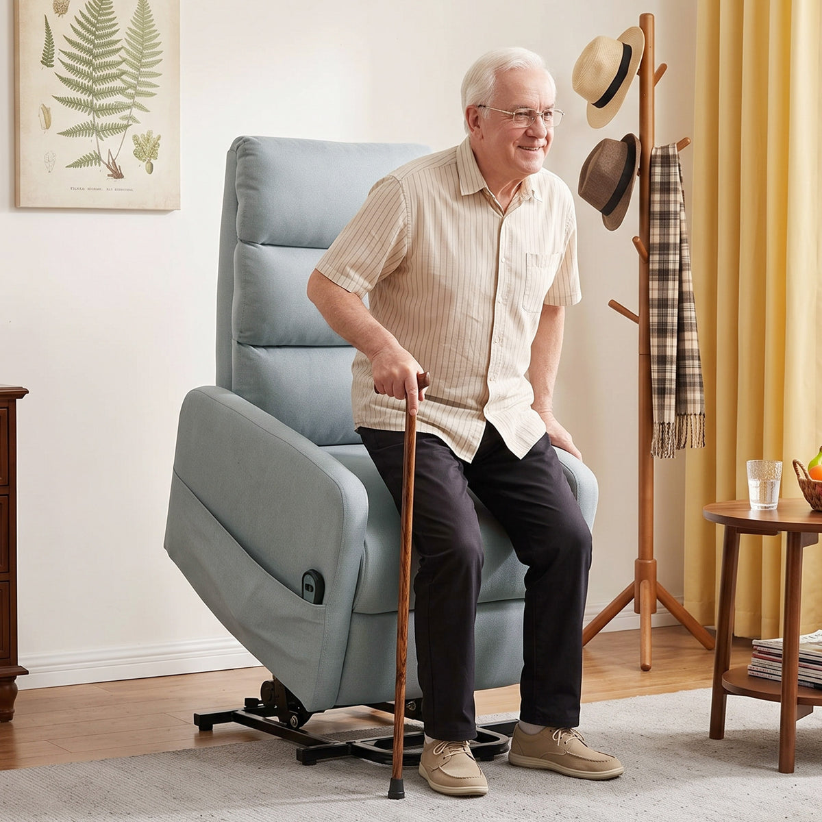 Elektrische relaxfauteuil met sta-opfunctie, afstandsbediening, zacht schuim, zijvak, bekleding in linnenlook (2)