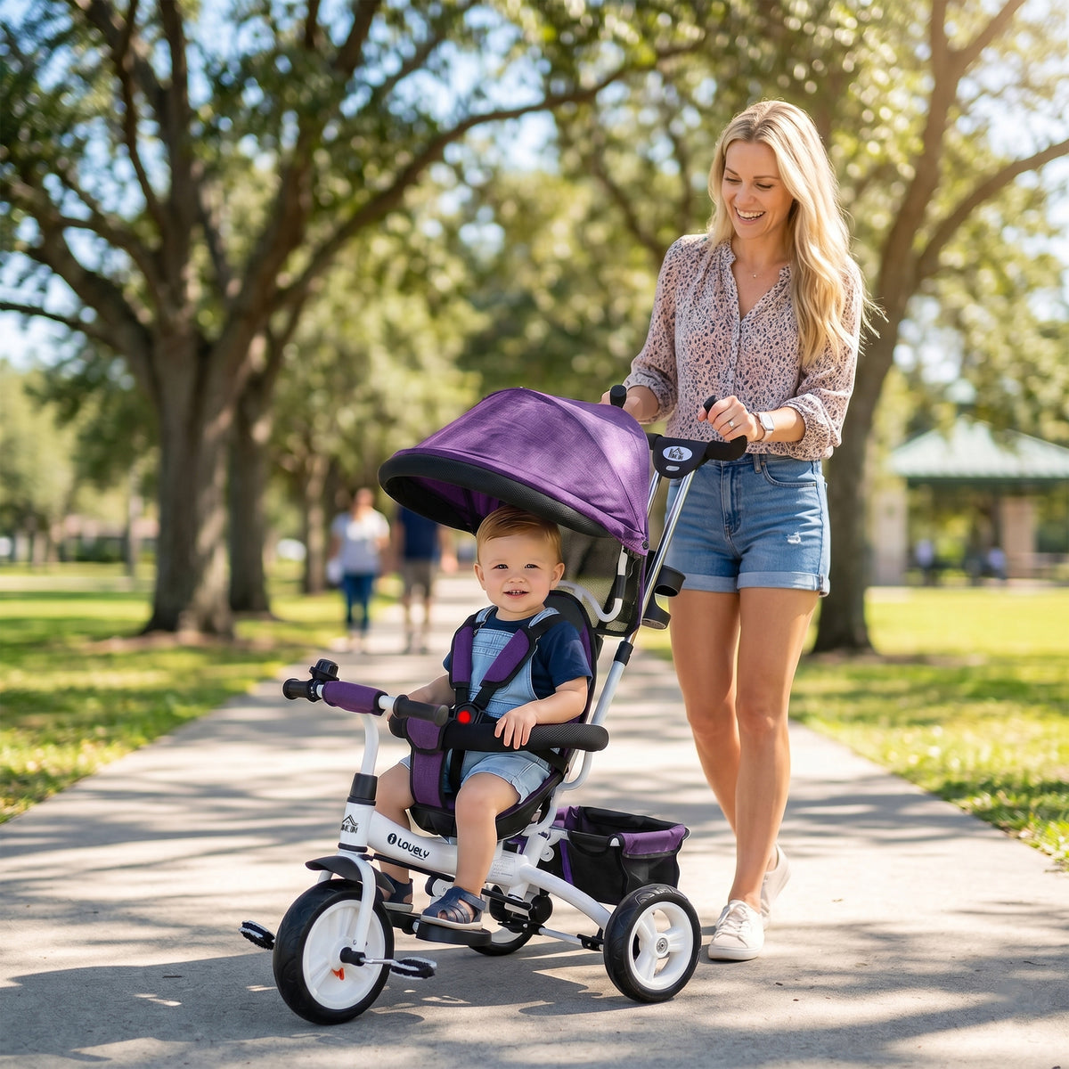 6-in-1 kinderdriewieler met duwstang, zonnekap, veiligheidsgordel, opbergmand, voor 1-5 jaar, blauw (2)