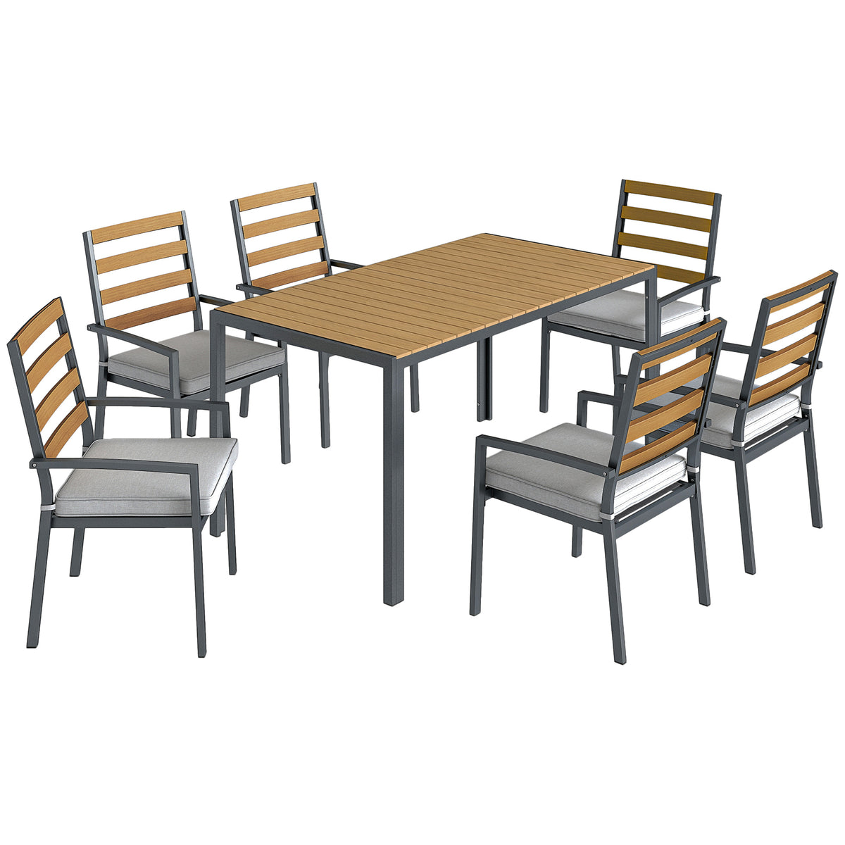 Tuinset voor 6 personen, tuinmeubelset met 1 eettafel, 6 stoelen, kussens voor terras, natuurhout