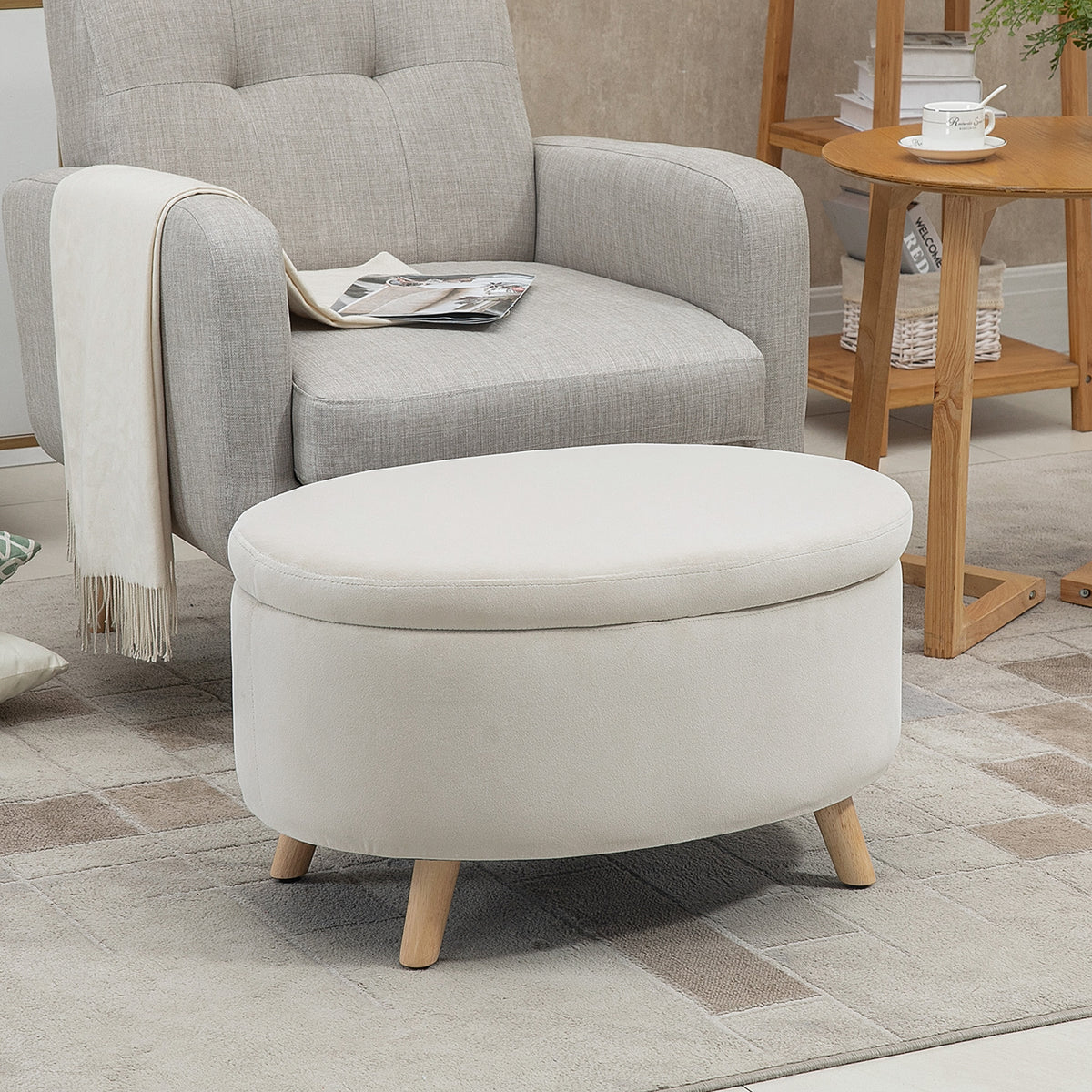 Bank met opbergruimte, poef, ovale vorm, fluweel-look, tot 120 kg, 71 x 51,5 x 42 cm, beige (2)