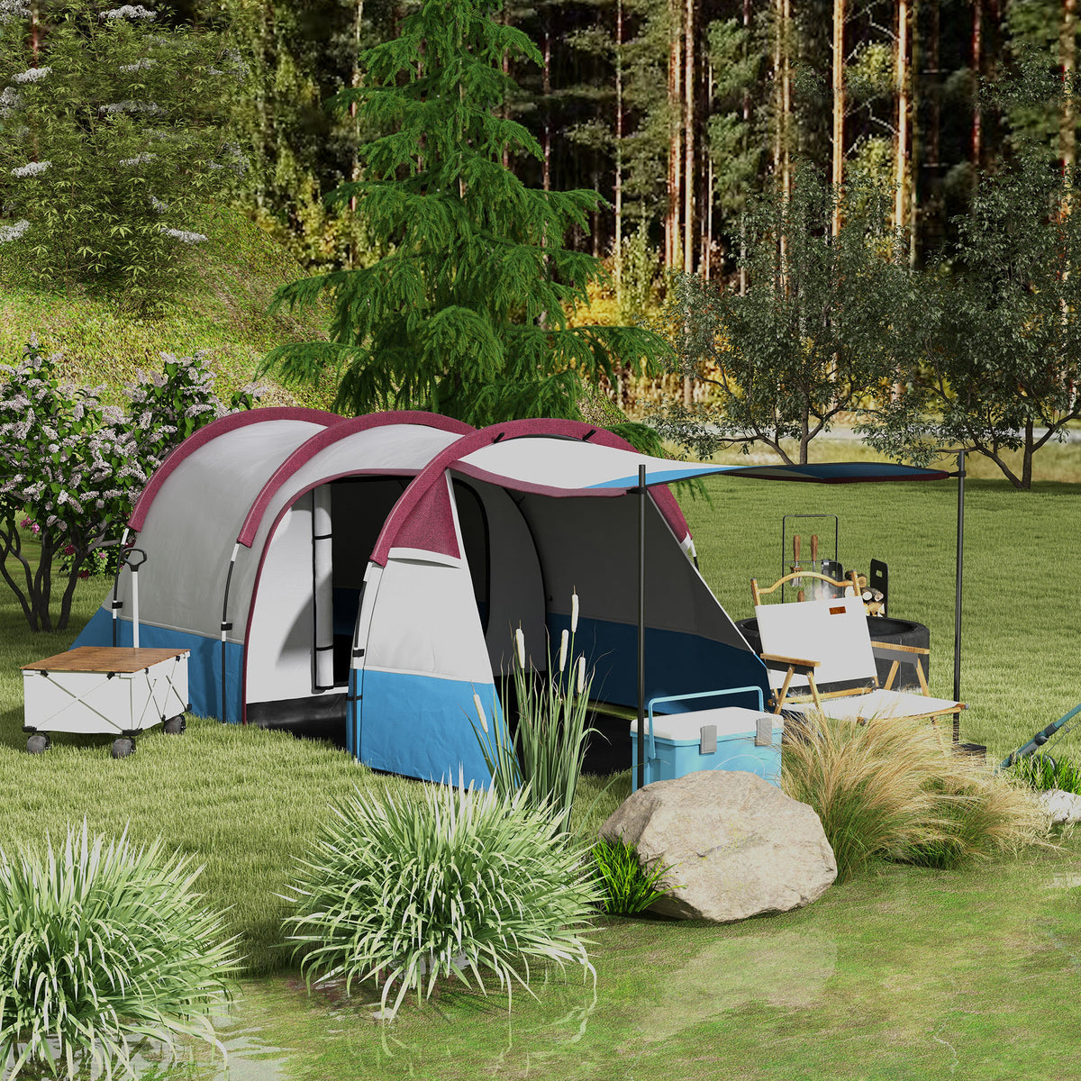 Campingtent, voor 2 personen, lantaarnhaak, drie ingangen, waterdicht, rood (2)
