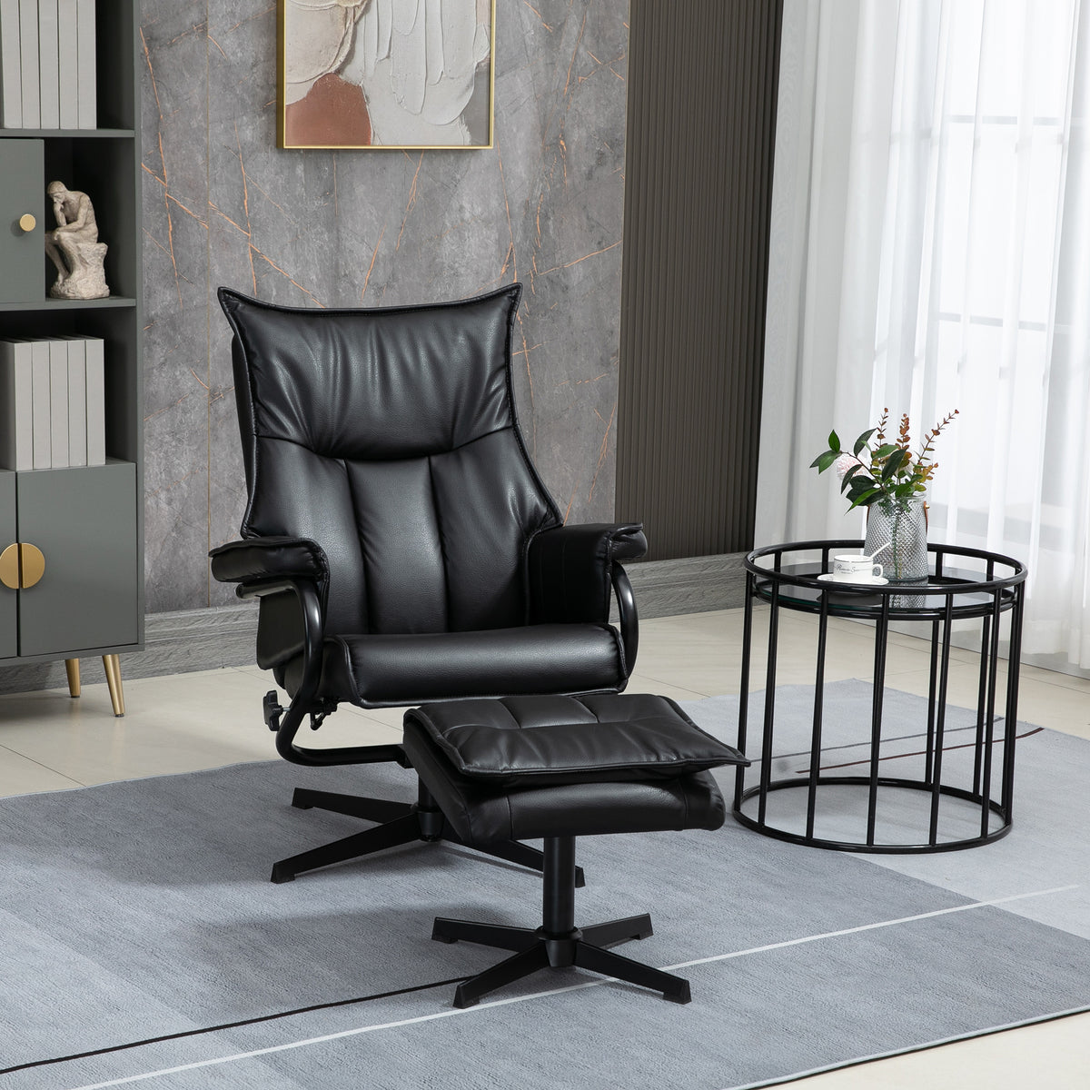 Relaxfauteuil met hocker, draaibaar, verstelbare rugleuning, stalen frame, zwart (2)