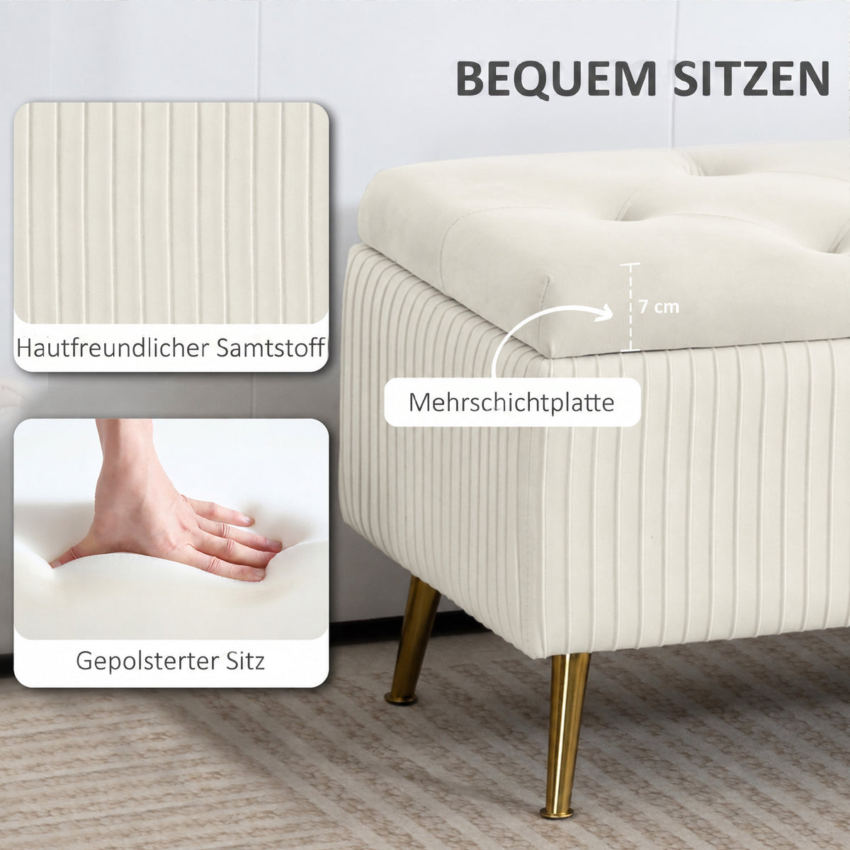 Bank met opbergruimte, gestoffeerde bank met fluweel-look, gouden stalen poten, bedbank voor de woonkamer (6)