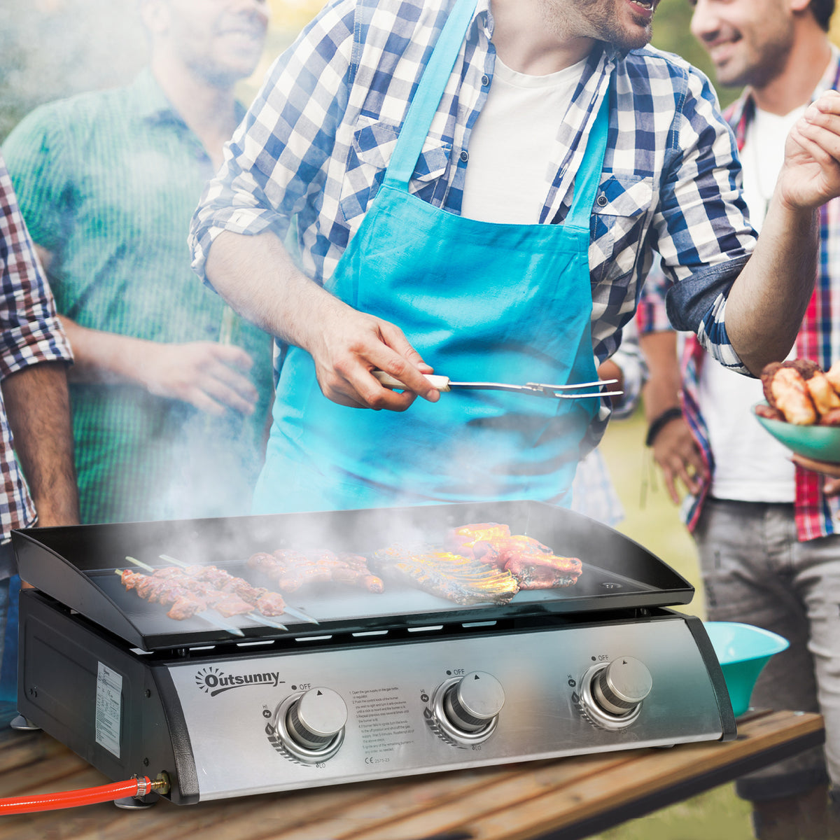 Gasbarbecue met 3 branders, slang, antiaanbakplaat, roestvrij staal, kleur: zilver, 63 x 48 x 21 cm (2)
