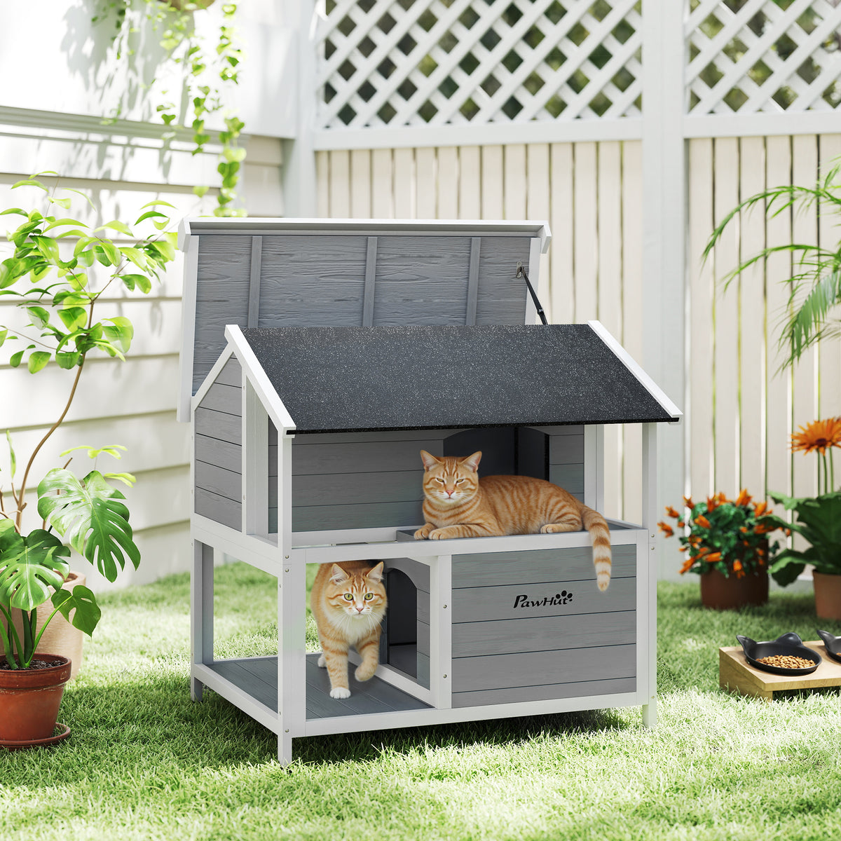 Buitenkattenhuis, kattenverblijf voor buiten, waterbestendig, dak dat open kan, vurenhout, 80 x 93 x 95, grijs (2)