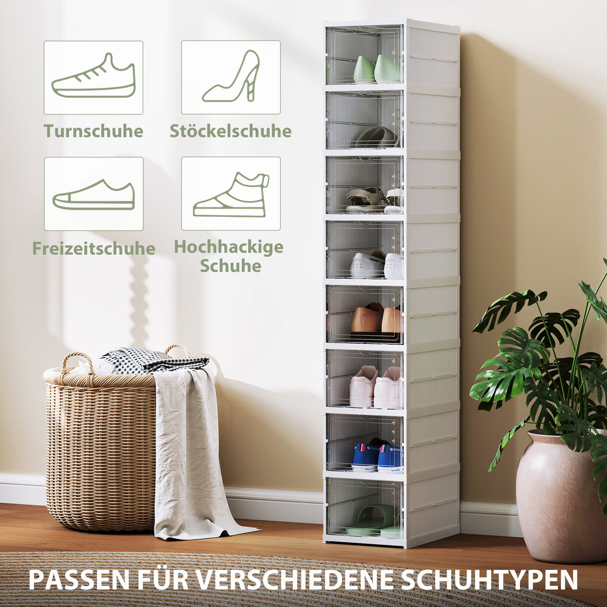 8-laagse schoenenrek, schoenenkast, opvouwbaar, geventileerde achterkant, kunststof, wit (6)